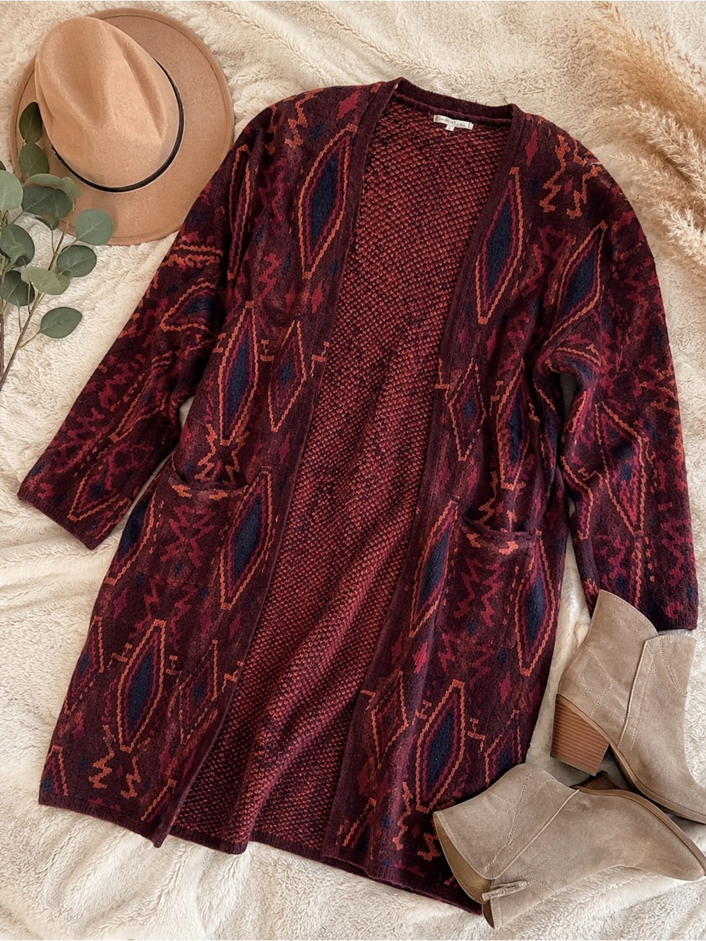 Willow & Clay jacquard long cardigan burgundy tribal Southwestern pattern